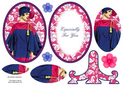 Vintage Beauty Cameo Wearing a Gorgeous Blue and Pink Dress & Hat Plate Card Kit