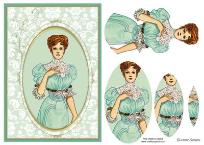 Vintage Beauty Wearing Greeny Blue on a Lace Backing Card Front