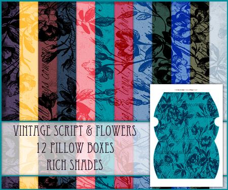 Vintage Script & Flowers 12 Pillow Box's - Rich Shades
