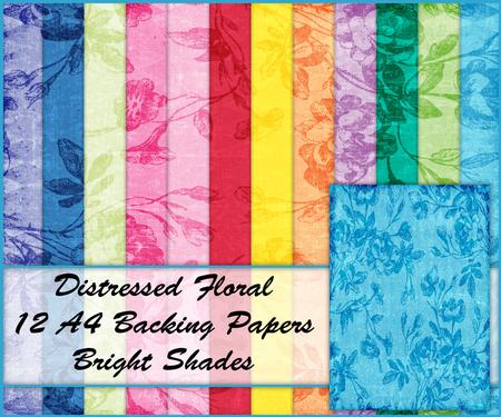 Distressed Floral 12 A4 Backing Papers - Bright Shades