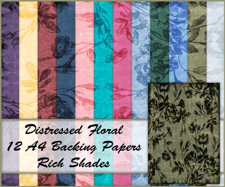 Distressed Floral 12 A4 Backing Papers - Rich Shades