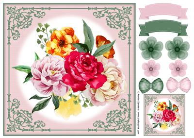 Hand Painted Floral Roses 8x8 Card Front & Embellishments