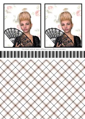 Beautiful Lady with Fan Toppers, Ribbon, Backing Paper