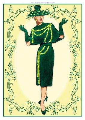 Beautiful Vintage Fashion Lady Dressed in Green & Yellow