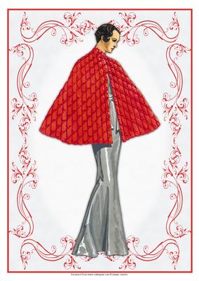Beautiful Vintage Fashion Lady Dressed in Silver & Red