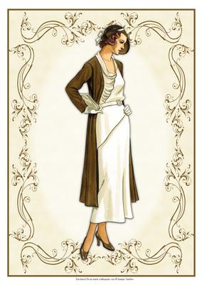 Beautiful Vintage Fashion Lady Dressed in White & Brown