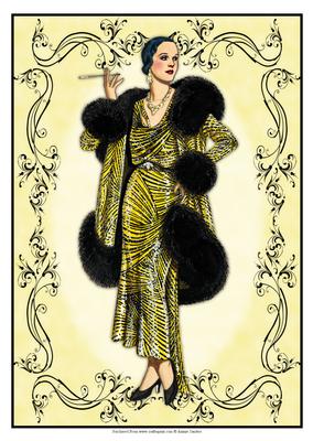 Beautiful Vintage Fashion Lady Dressed in Black & Gold