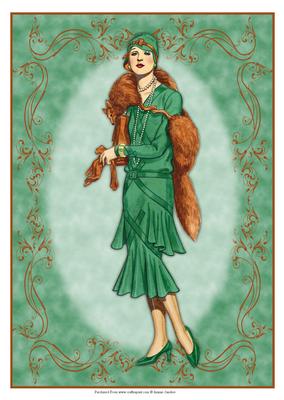 Beautiful Vintage Fashion Lady Dressed in Green & Brown