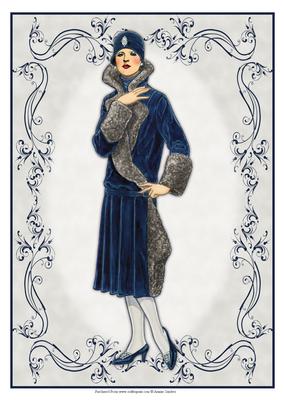 Beautiful Vintage Fashion Lady Dressed in Blue & Silver