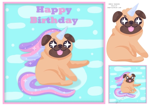 Pugicorn 8x8 Happy Birthday Card Front , Layer & Tag