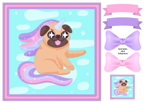 Pugicorn , Pug , 8x8 Card Front , Sentiment Labels , Bows & Tag