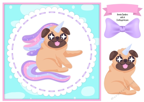 Pug-I-Corn Pug Unicorn 8x8 Topper & Embellishments