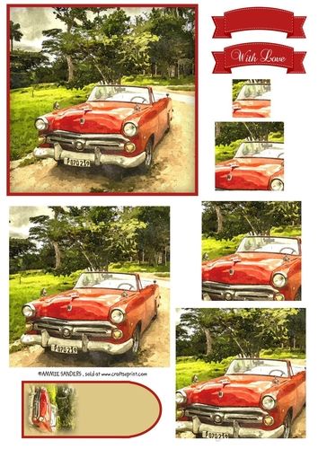 Watercolour Vintage Car , Pyramid Layers & Embellishments