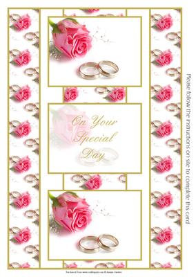 Pink Rose & 2 Rings Wedding 3 Panel Fold Back