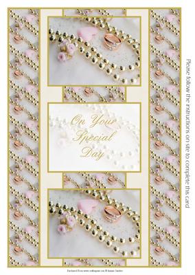 2 Wedding Rings & Gold Pearls 3 Panel Fold Back
