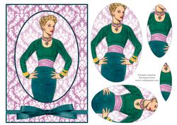 Vintage Fashion Lady on Damask Background Card Front