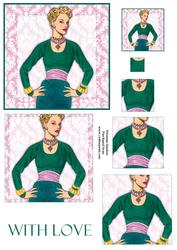 Vintage Fashion Lady on Damask Background Pyramid