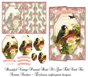 Beautiful Vintage Painted Birds A5 Gate Fold Card Mini Kit