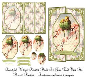Beautiful Vintage Painted Birds A5 Gate Fold Card Mini Kit