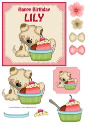 6x6 Lily Birthday Puppy & Cupcake Decoupage Quick Card