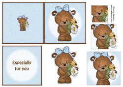 Cute Teddy Holding Flowers 4x4 Quick Card