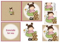 Little Flower Daisy Girl & Teddy 4x4 Quick Card