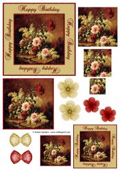 Happy Birthday Vintage Painted Red Roses Decoupage Topper