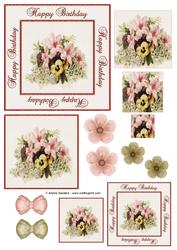 Happy Birthday Vintage Painted Liliess & Pansies Toppers