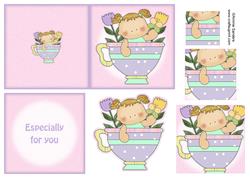 Teacup Girl with Butterflies & Flowers 4x4 Quick Card