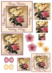 Happy Birthday Vintage Painted Roses Decoupage Topper