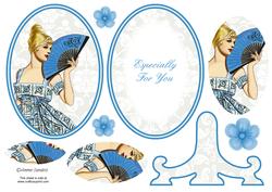 Vintage Beauty Cameo Wearing a Gorgeous Blue Dress & Holding a Fan Plate Card Kit