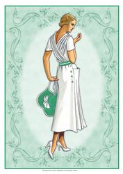 Beautiful Vintage Fashion Lady Dressed in White & Green