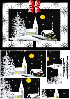 Black and White Christmas Church Pyramid Card Front