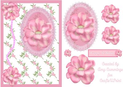 Pink Floral, Lace and Pearl Decoupage Card Front