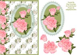 Green Lace and Pink Rose Decoupage Card Front