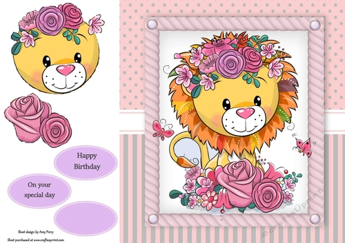 Beautiful Lion With Pink Flowers 8x8