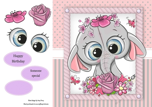 Beautiful Elephant With Pink Flowers 8x8
