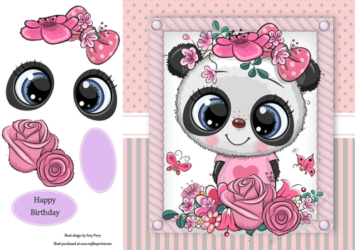 Beautiful Panda With Pink Flowers 8x8