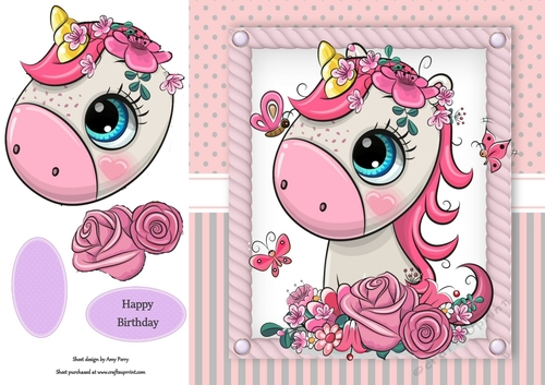 Beautiful Unicorn 2 With Pink Flowers 8x8