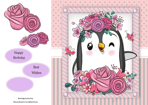 Beautiful Penguin With Pink Flowers 8x8