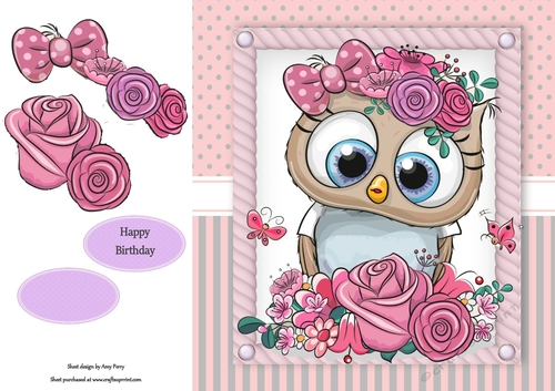 Beautiful Owl With Pink Flowers 8x8