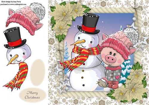 Adorable Pig With Snowman 8x8