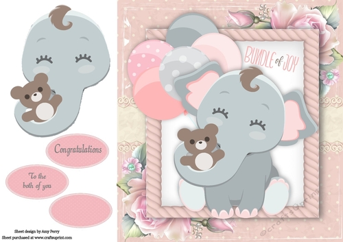 Baby Girl Elephant With Teddy Bear 8x8