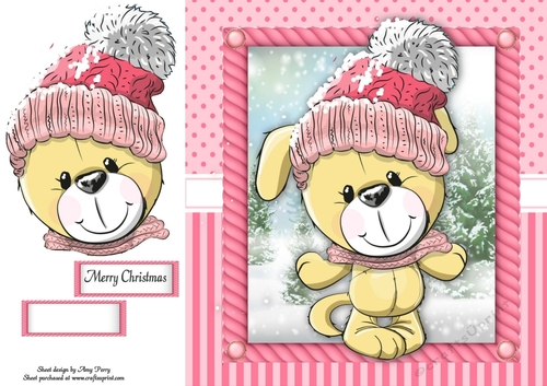 Festive grey puppy in pink bobble hat 8x8