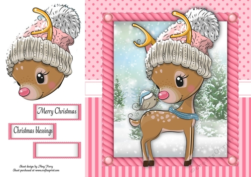 Festive reindeer in pink bobble hat 8x8