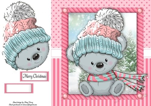 Festive grey bear in pink bobble hat 8x8