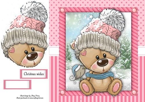 Festive brown bear in pink bobble hat 8x8
