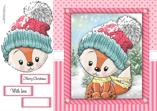 Festive fox  in pink bobble hat 8x8