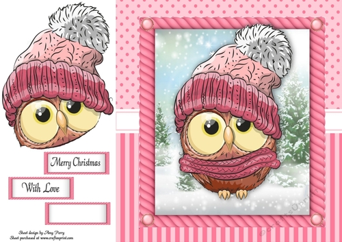 Festive brown owl in pink bobble hat 8x8