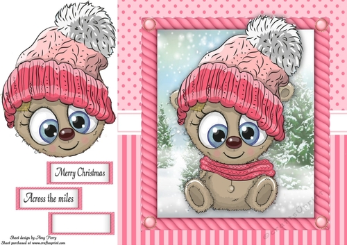 Festive brown bear in pink bobble hat 8x8